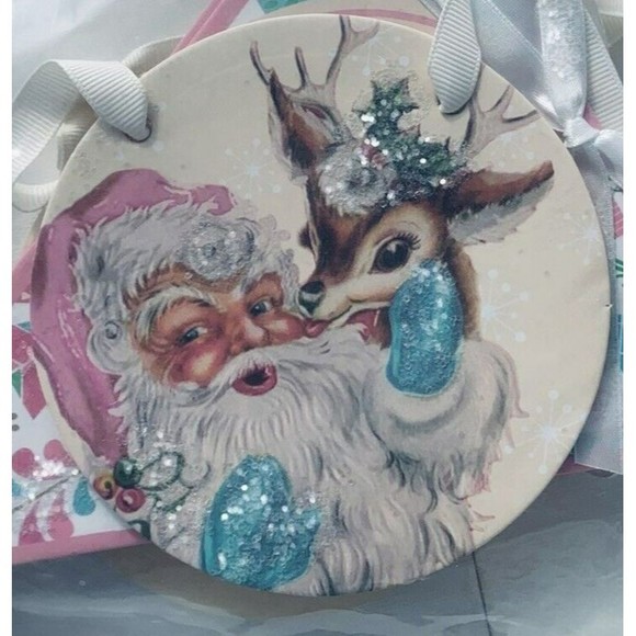 Mr. Christmas Banner MERRY Pink Turquoise Santa Reindeer 1950s Retro Ribbon 53" - Picture 2 of 11